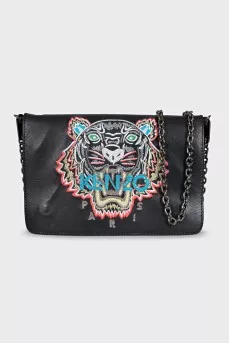 Black leather bag with signature embroidery