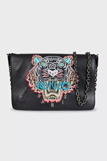 Black leather bag with signature embroidery