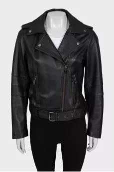 Black leather biker jacket with a belt