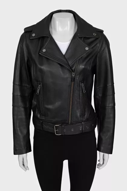 Black leather biker jacket with a belt