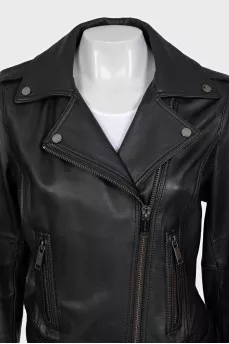 Black leather biker jacket with a belt