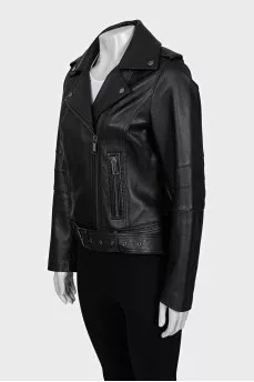 Black leather biker jacket with a belt