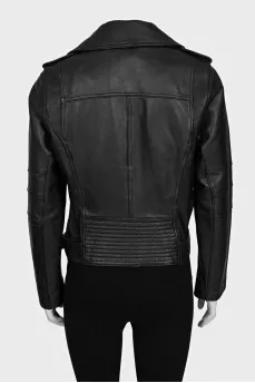 Black leather biker jacket with a belt