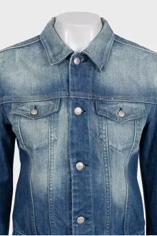 Blue cropped denim jacket with a distressed effect