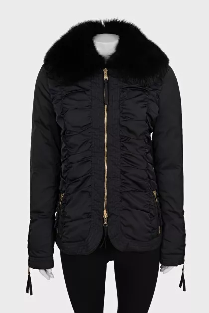 Black fitted down jacket with a fur collar