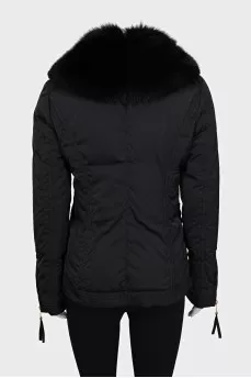 Black fitted down jacket with a fur collar
