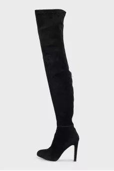 Suede over-the-knee boots with heels and gold trim