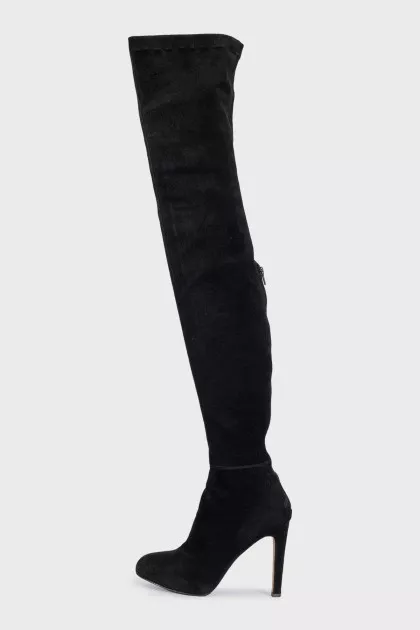 Suede over-the-knee boots with heels and gold trim