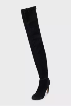 Suede over-the-knee boots with heels and gold trim