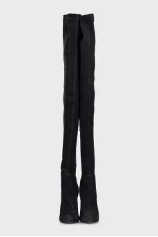 Suede over-the-knee boots with heels and gold trim