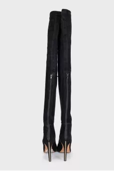 Suede over-the-knee boots with heels and gold trim