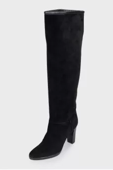 Black suede high-heeled boots