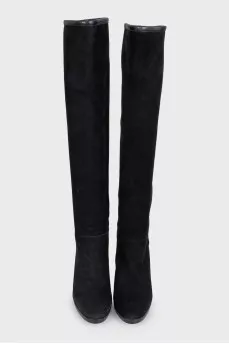 Black suede high-heeled boots
