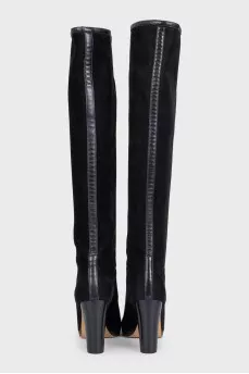 Black suede high-heeled boots