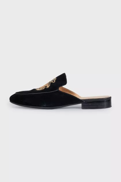Men's black suede mules with branded patch