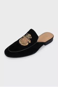 Men's black suede mules with branded patch