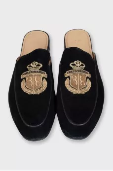Men's black suede mules with branded patch
