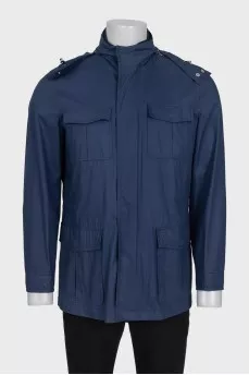 Men's blue windbreaker with a hood