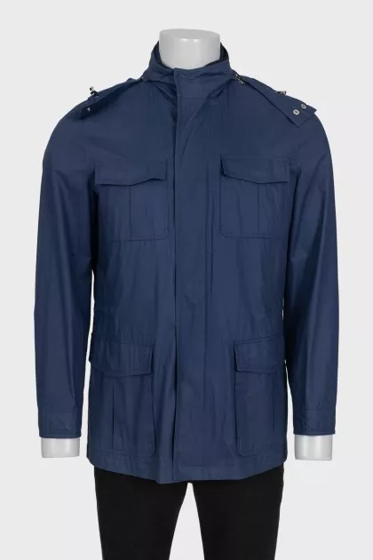 Men's blue windbreaker with a hood
