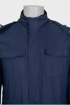 Men's blue windbreaker with a hood