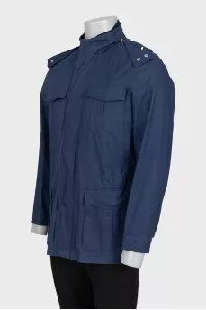 Men's blue windbreaker with a hood