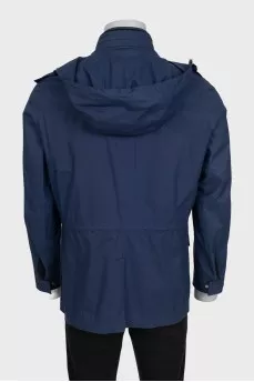 Men's blue windbreaker with a hood