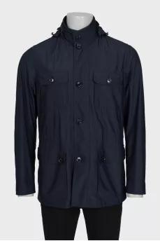 Men's blue zip-up jacket with a detachable hood