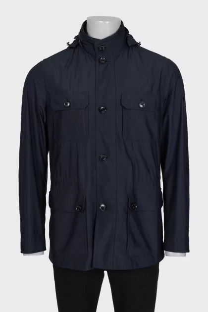 Men's blue zip-up jacket with a detachable hood