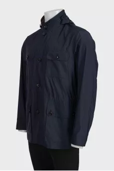 Men's blue zip-up jacket with a detachable hood