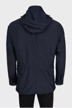 Men's blue zip-up jacket with a detachable hood