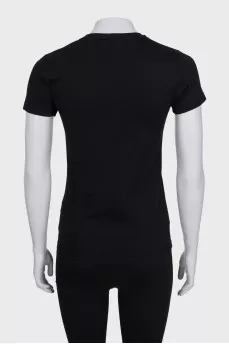Black T-shirt with a patch on the sleeve