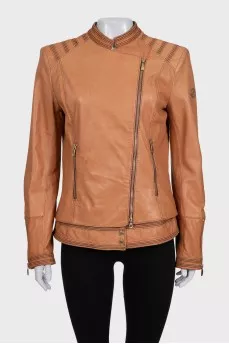 Brown leather jacket with asymmetrical zipper
