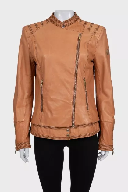 Brown leather jacket with asymmetrical zipper
