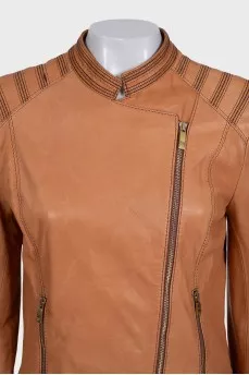 Brown leather jacket with asymmetrical zipper