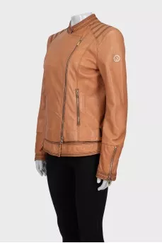 Brown leather jacket with asymmetrical zipper
