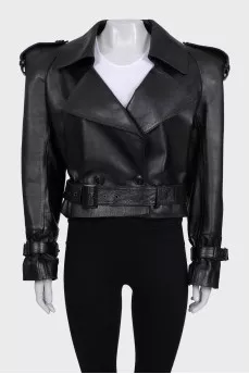 Cropped leather jacket with accent shoulders