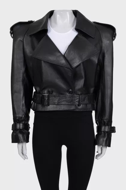 Cropped leather jacket with accent shoulders