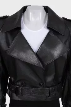 Cropped leather jacket with accent shoulders