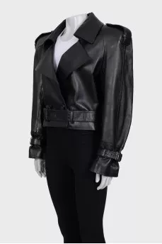 Cropped leather jacket with accent shoulders