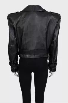 Cropped leather jacket with accent shoulders