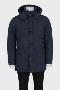 Men's blue straight-cut down jacket with a hood
