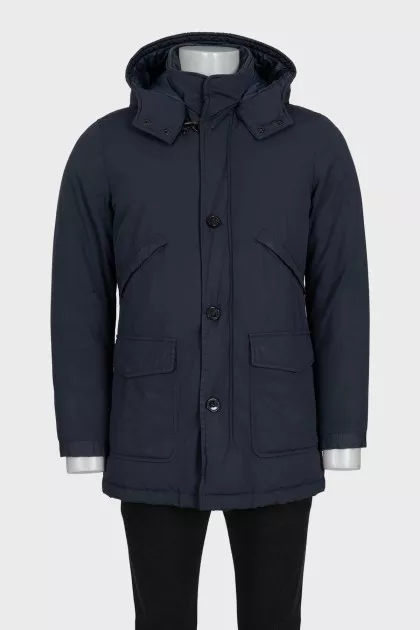 Men's blue straight-cut down jacket with a hood