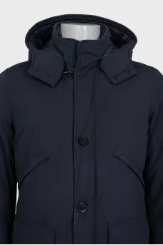 Men's blue straight-cut down jacket with a hood