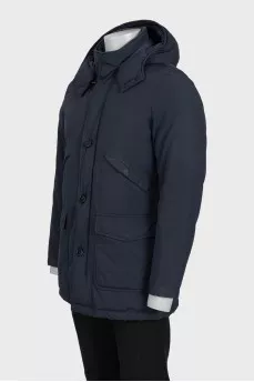 Men's blue straight-cut down jacket with a hood