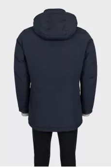 Men's blue straight-cut down jacket with a hood