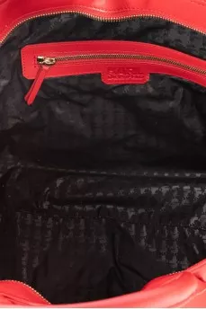 Red leather bag with decorative zippers