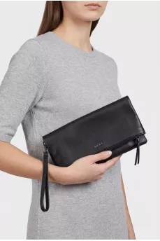 Black leather clutch with logo