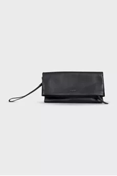 Black leather clutch with logo