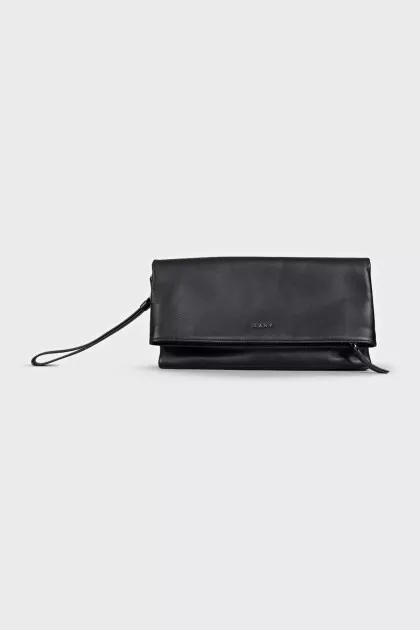 Black leather clutch with logo