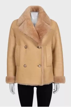 Beige double-breasted sheepskin coat